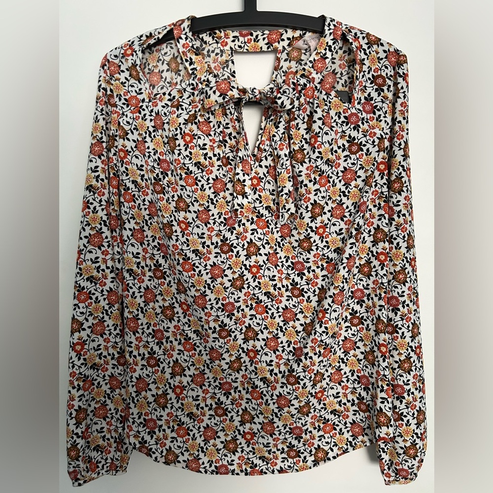 Nanette Lepore Women’s Floral Blouse - Red, Orange, Black Tie Neckline Size M